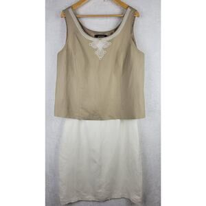 Kasper 16W Linen Set Cream Midi Skirt Sleeveless Embroidered Beige Top Classic